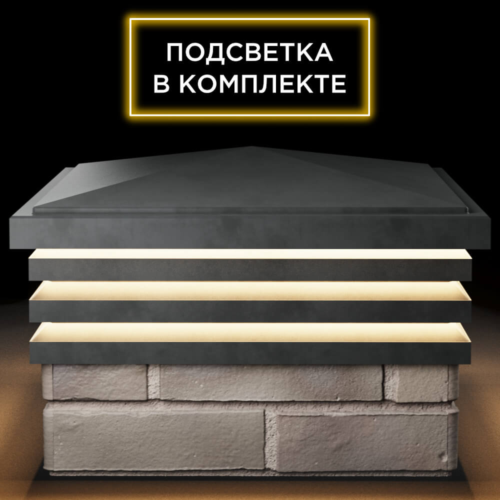 Колпак Zking Бона ХайТек Серый на столб 1.5х1.5 кирпича (385х385мм) с подсветкой Шатура фото